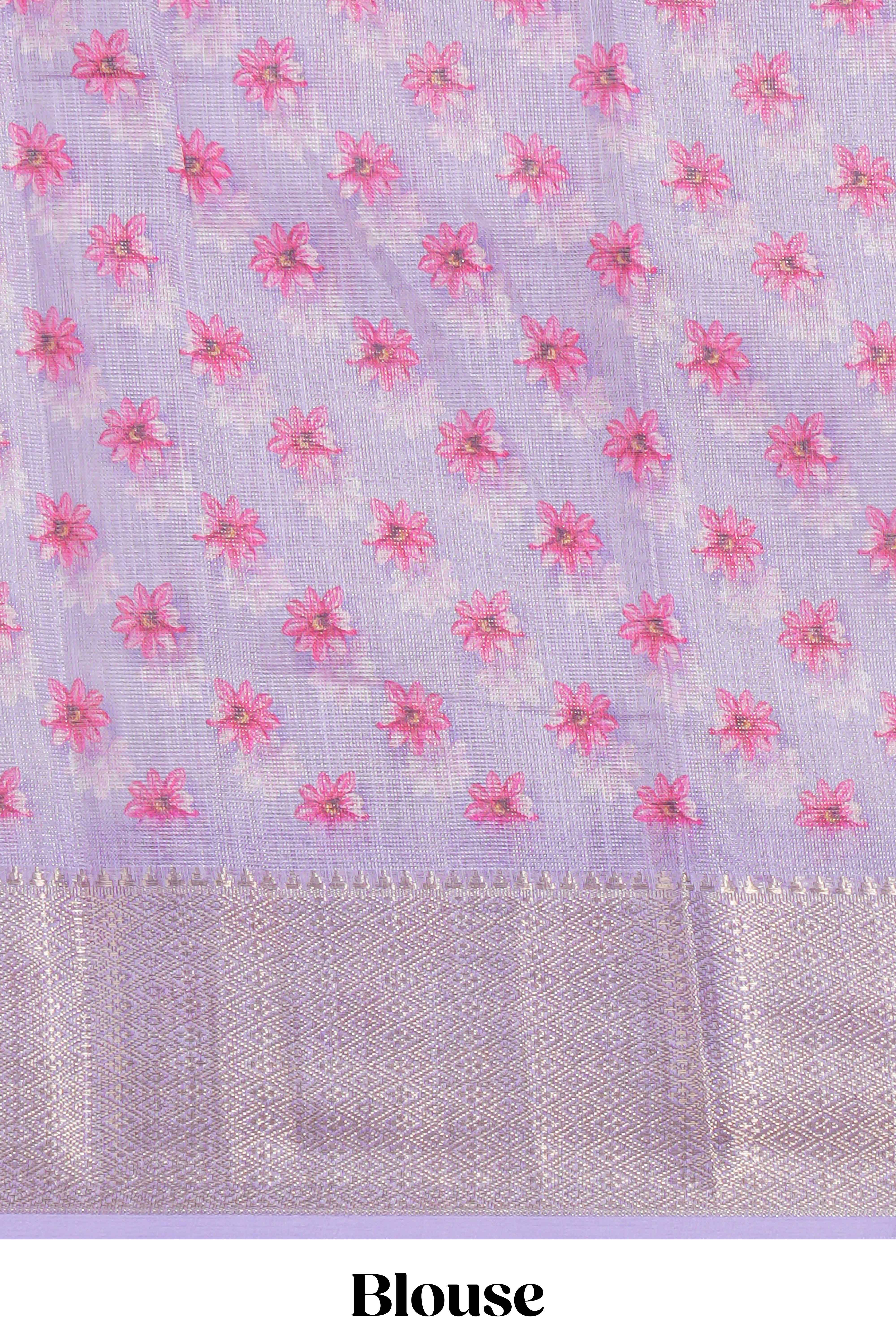 White Floral printed linen cotton saree with contrast zariborder and self pallu along with matching blouse