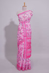 Pink Floral printed linen cotton saree with contrast zariborder and geometric pallu along with matching blouse