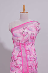 Pink Floral printed linen cotton saree with contrast zariborder and geometric pallu along with matching blouse