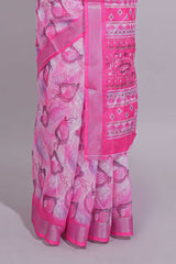 Pink Floral printed linen cotton saree with contrast zariborder and geometric pallu along with matching blouse