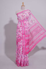 Pink Floral printed linen cotton saree with contrast zariborder and geometric pallu along with matching blouse