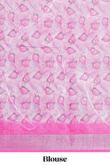 Pink Floral printed linen cotton saree with contrast zariborder and geometric pallu along with matching blouse