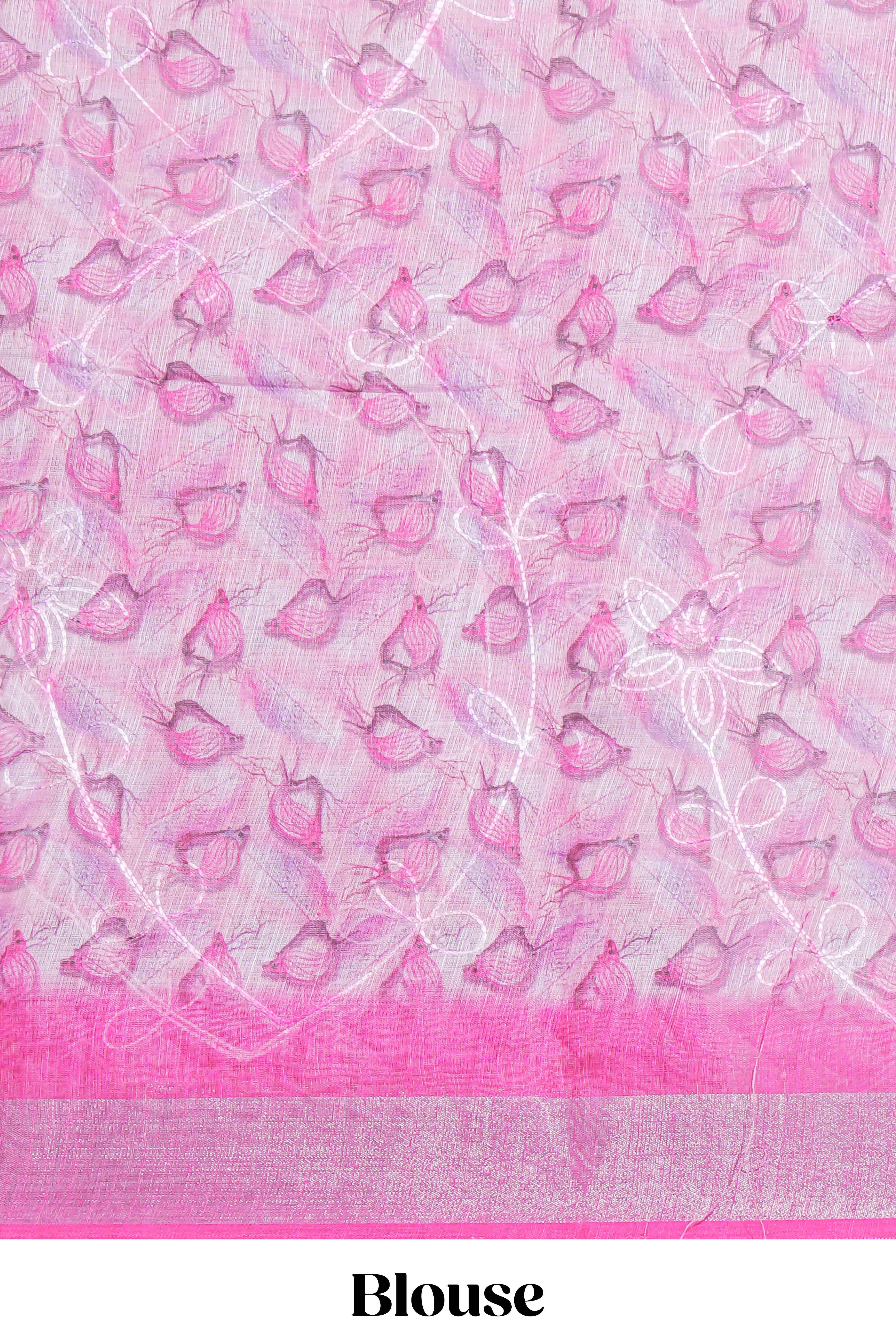 Pink Floral printed linen cotton saree with contrast zariborder and geometric pallu along with matching blouse