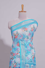Blue Floral printed linen cotton saree with contrast zariborder and geometric pallu along with matching blouse
