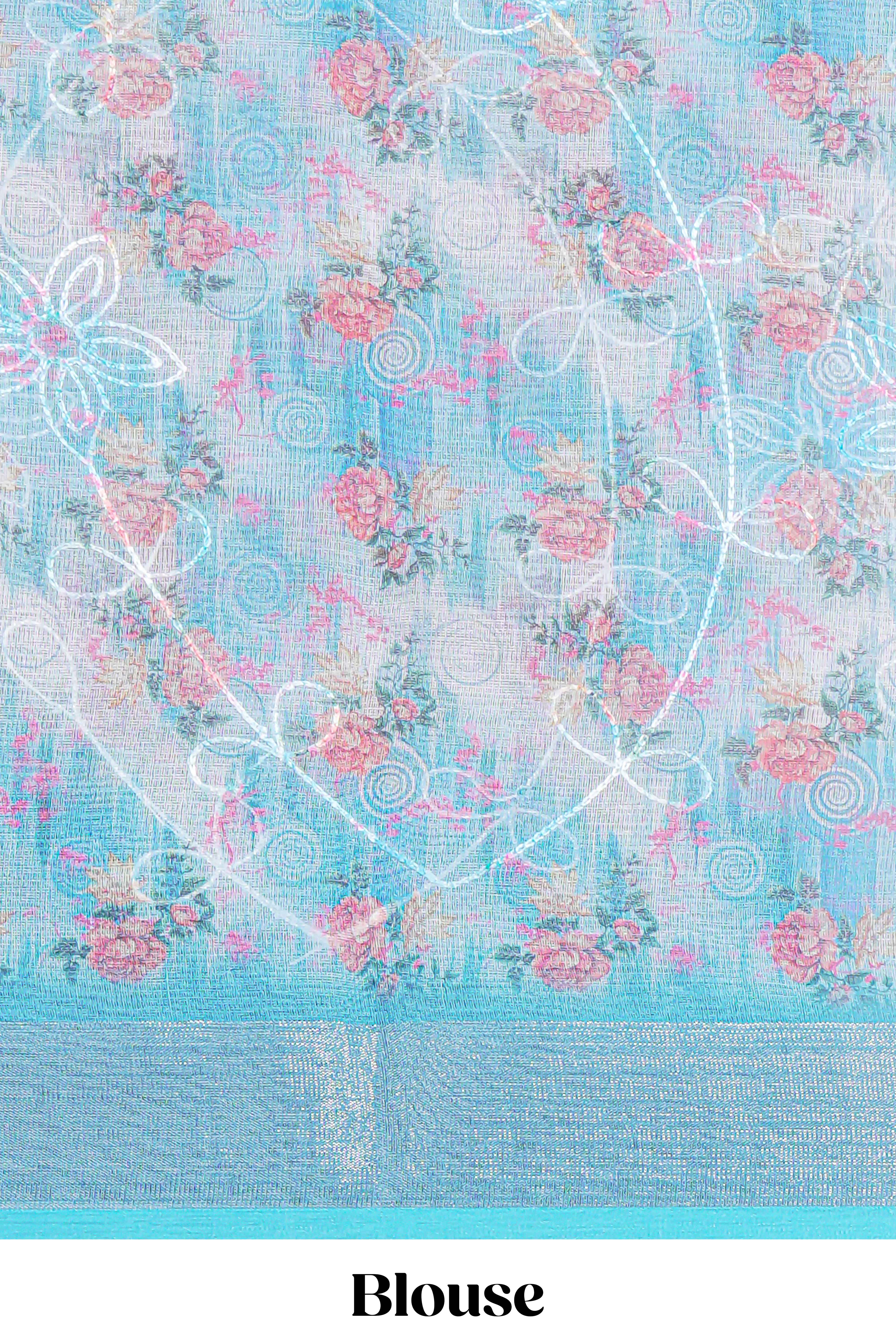 Blue Floral printed linen cotton saree with contrast zariborder and geometric pallu along with matching blouse