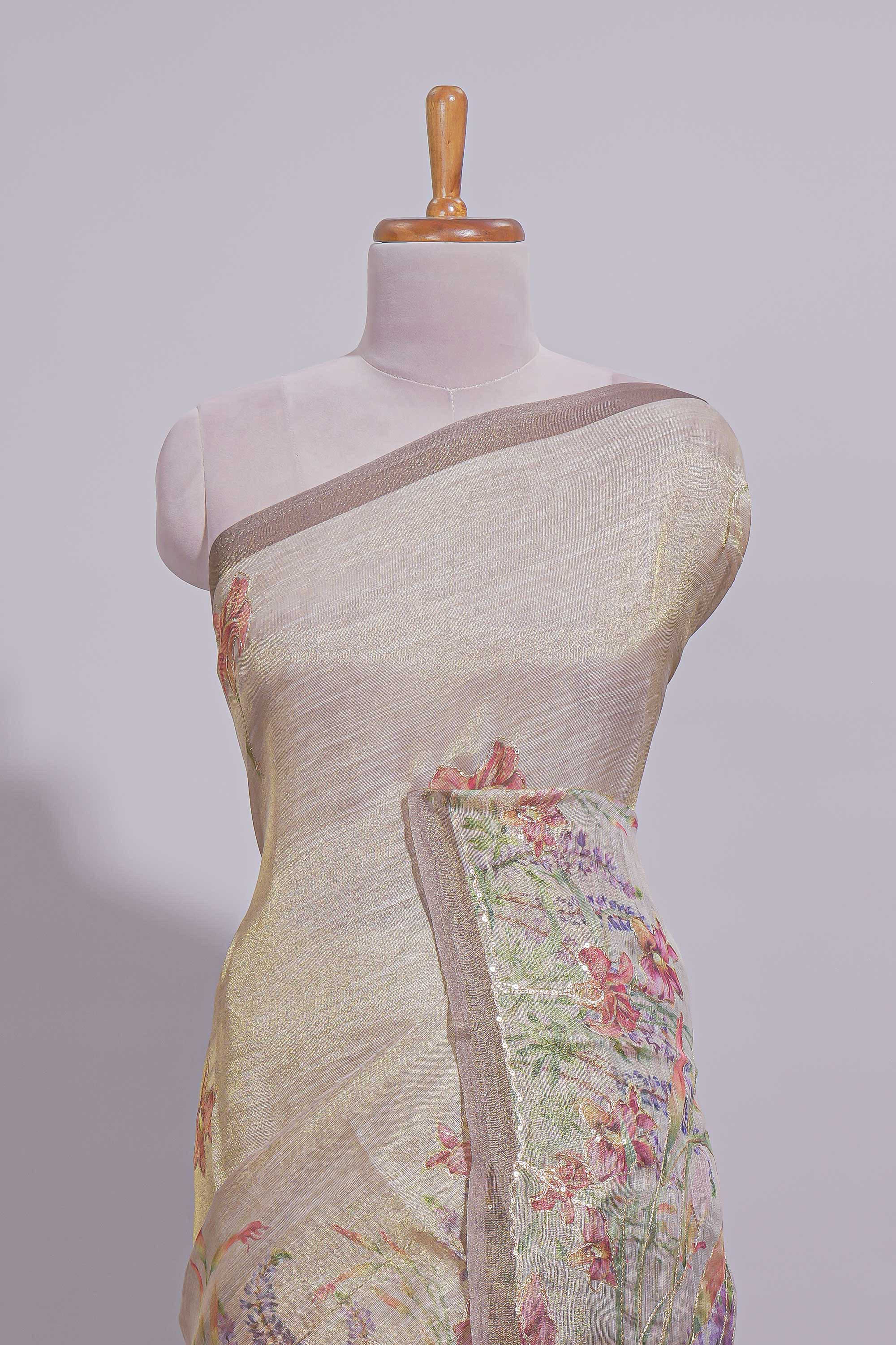 Soft olive green Floral printed linen cotton saree with contrast zariborder and self pallu along with matching blouse
