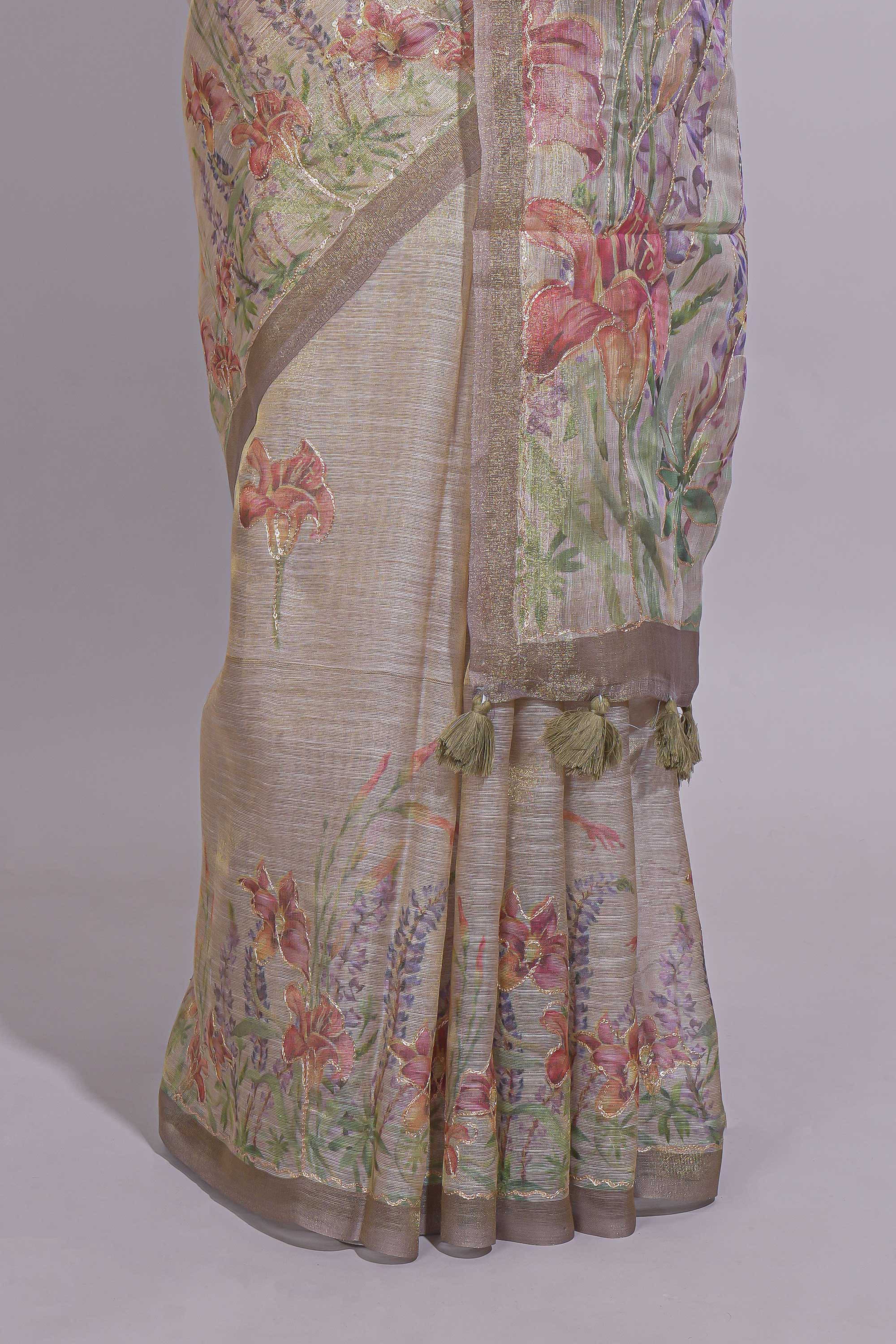 Soft olive green Floral printed linen cotton saree with contrast zariborder and self pallu along with matching blouse