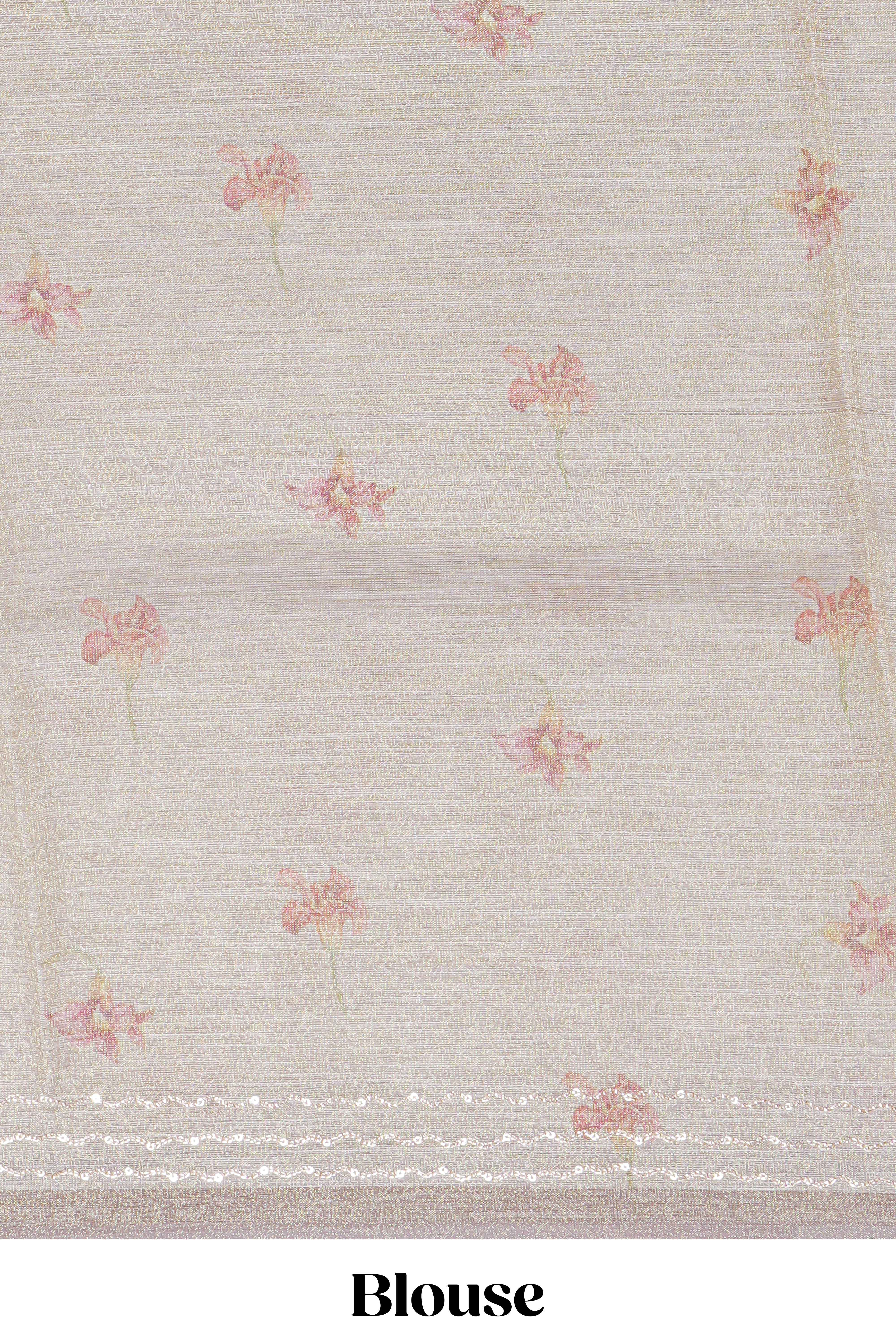 Soft olive green Floral printed linen cotton saree with contrast zariborder and self pallu along with matching blouse