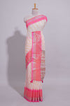 Ivory linen cotton saree with zari striped body and contrast border with geometric pallu along with contrast blouse