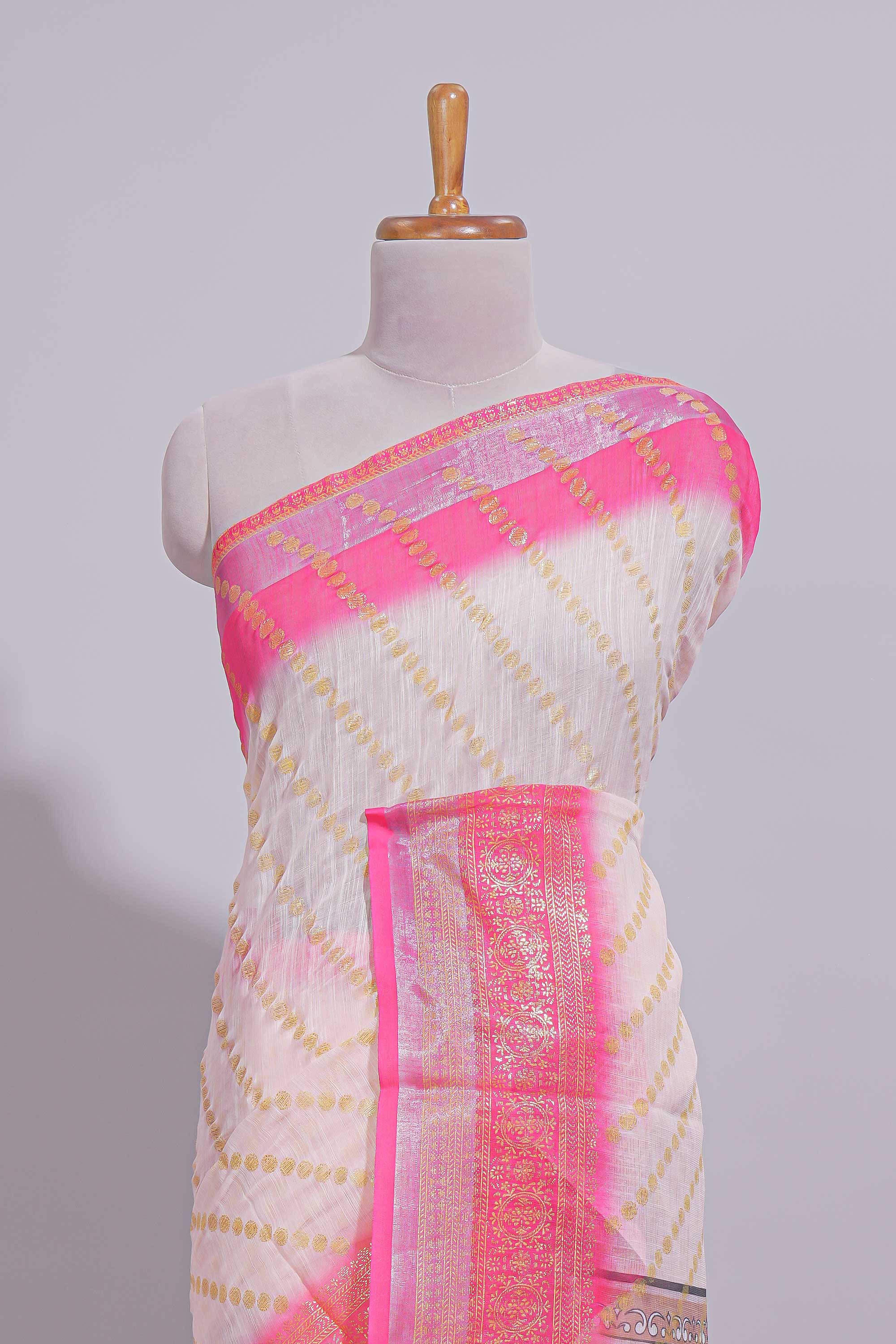 Ivory linen cotton saree with zari striped body and contrast border with geometric pallu along with contrast blouse
