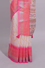 Ivory linen cotton saree with zari striped body and contrast border with geometric pallu along with contrast blouse