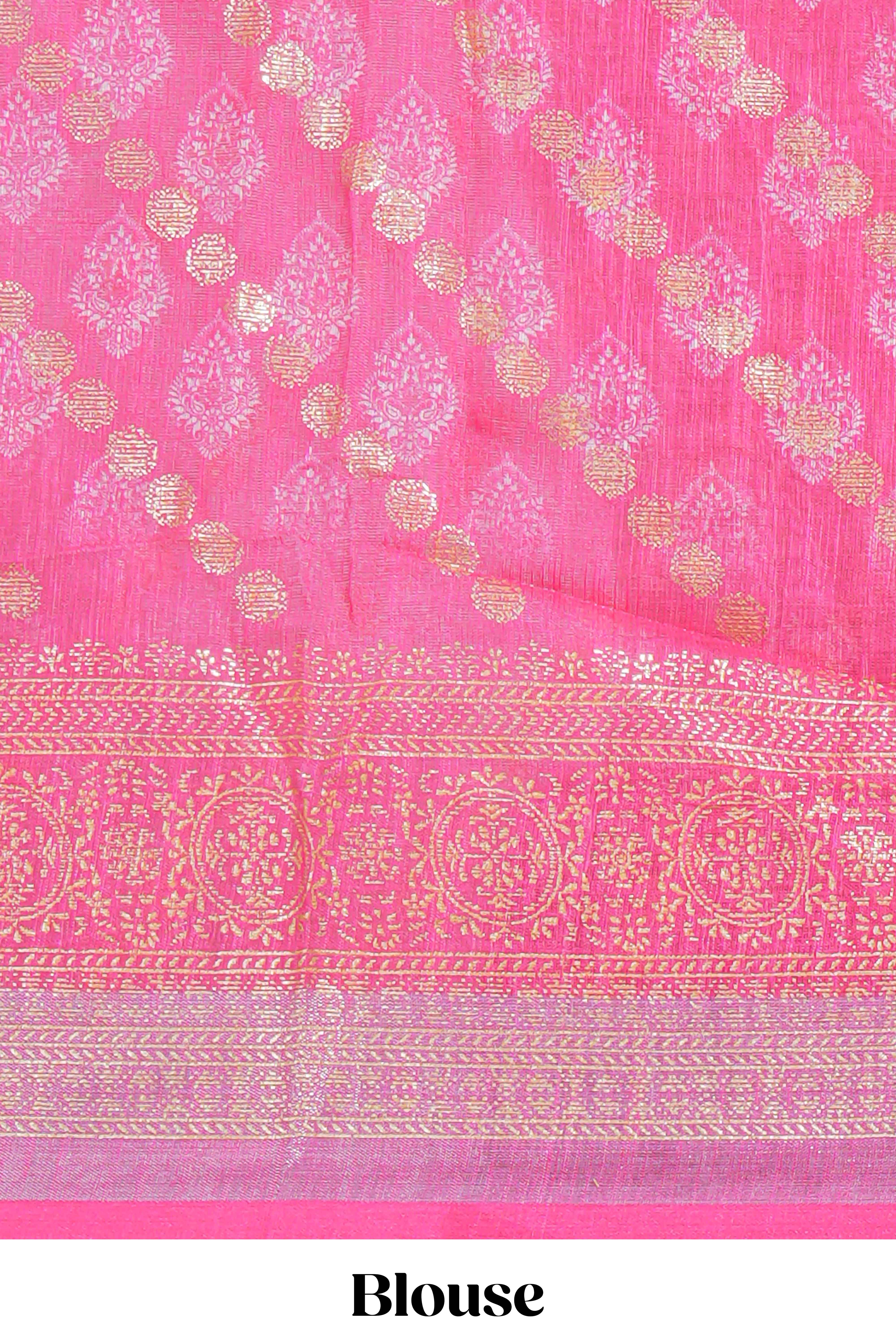 Ivory linen cotton saree with zari striped body and contrast border with geometric pallu along with contrast blouse