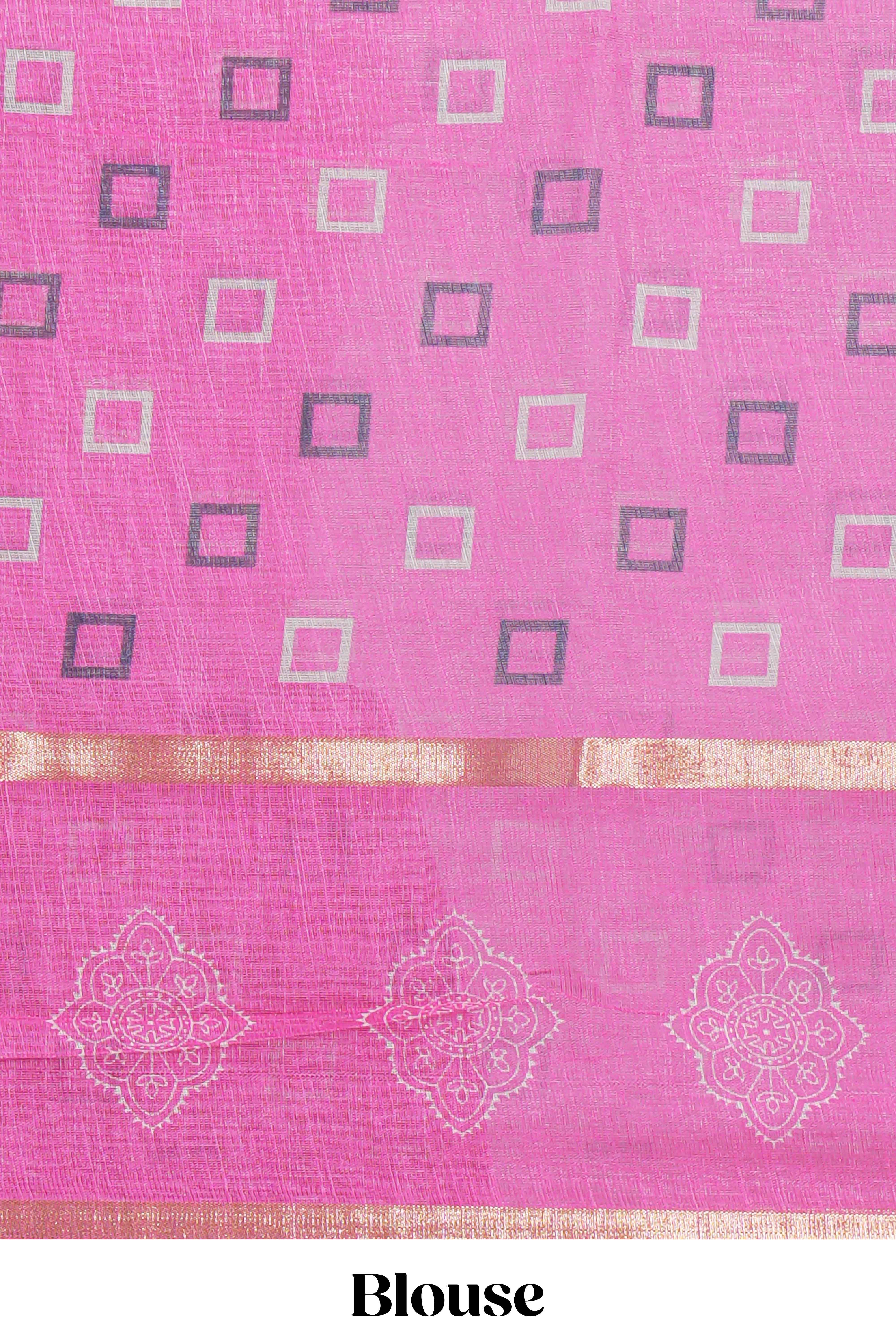 Checked linen saree with contrast border and pallu along with contrast printed blouse
