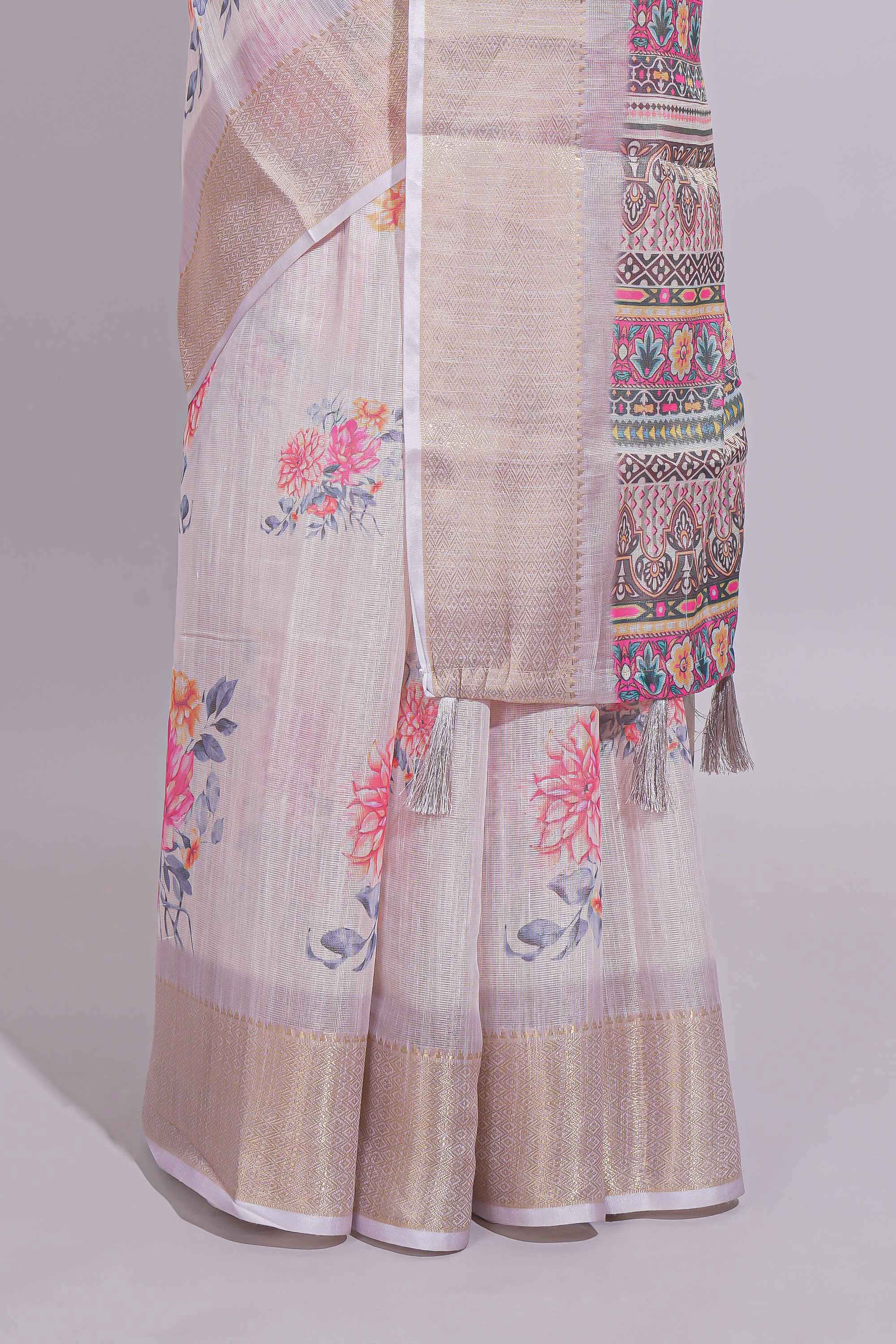 Ivory colour Floral printed linen cotton saree with contrast zariborder and geometric pallu along with matching blouse
