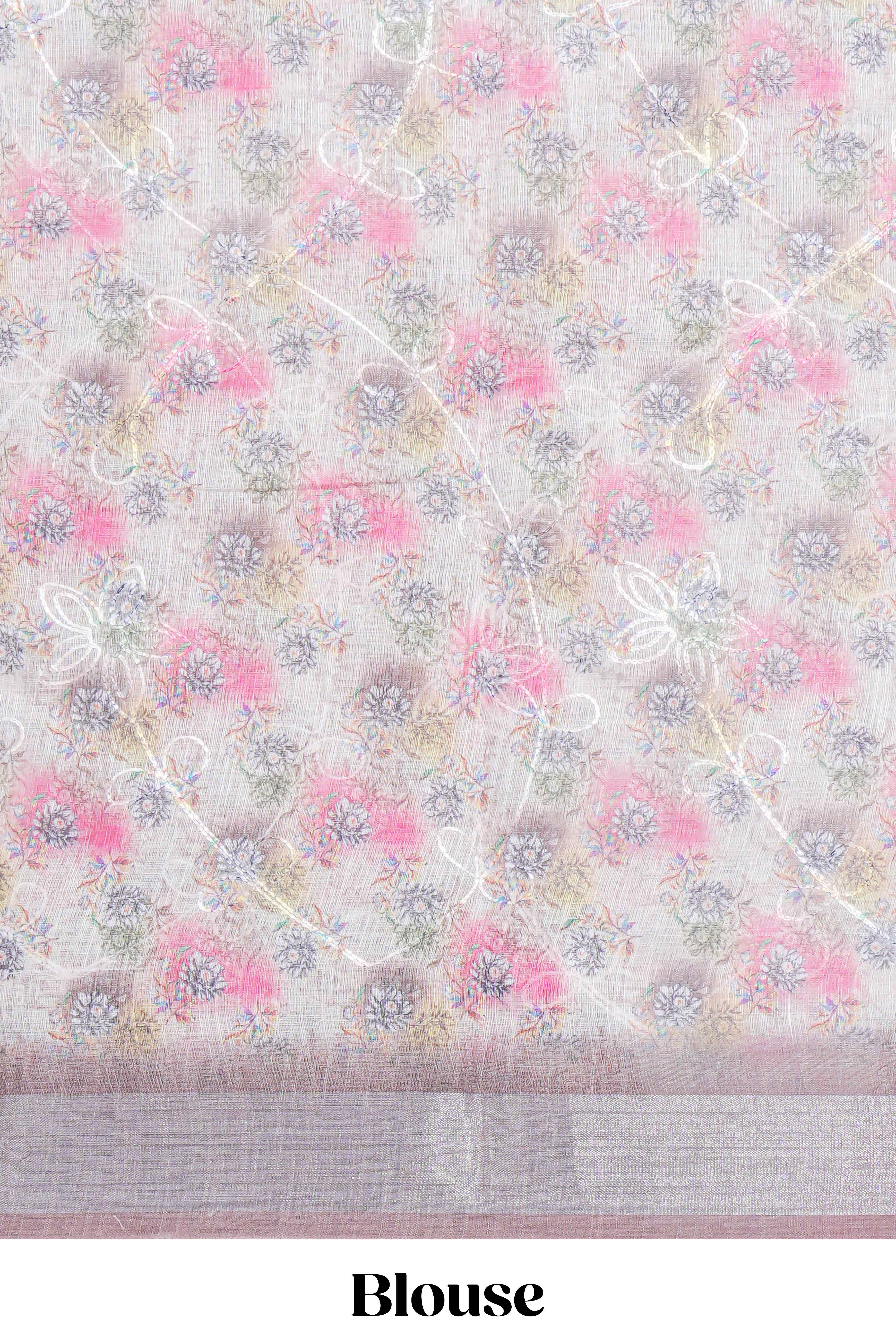 Ivory colour Floral printed linen cotton saree with contrast zariborder and geometric pallu along with matching blouse