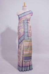 Beige colour linen cotton saree with geometric design body and contrast border with geometric pallu along with matching blouse