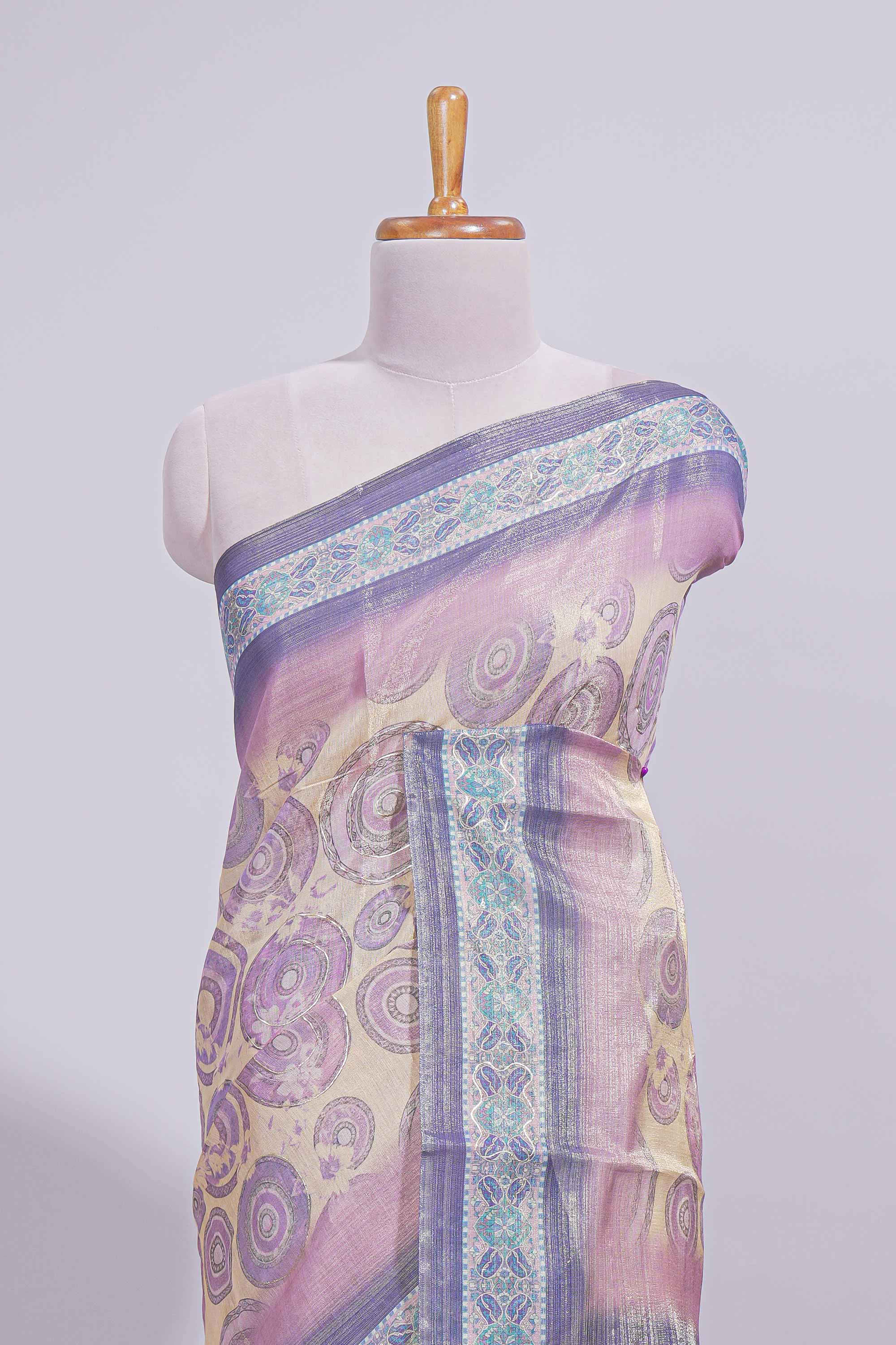 Beige colour linen cotton saree with geometric design body and contrast border with geometric pallu along with matching blouse