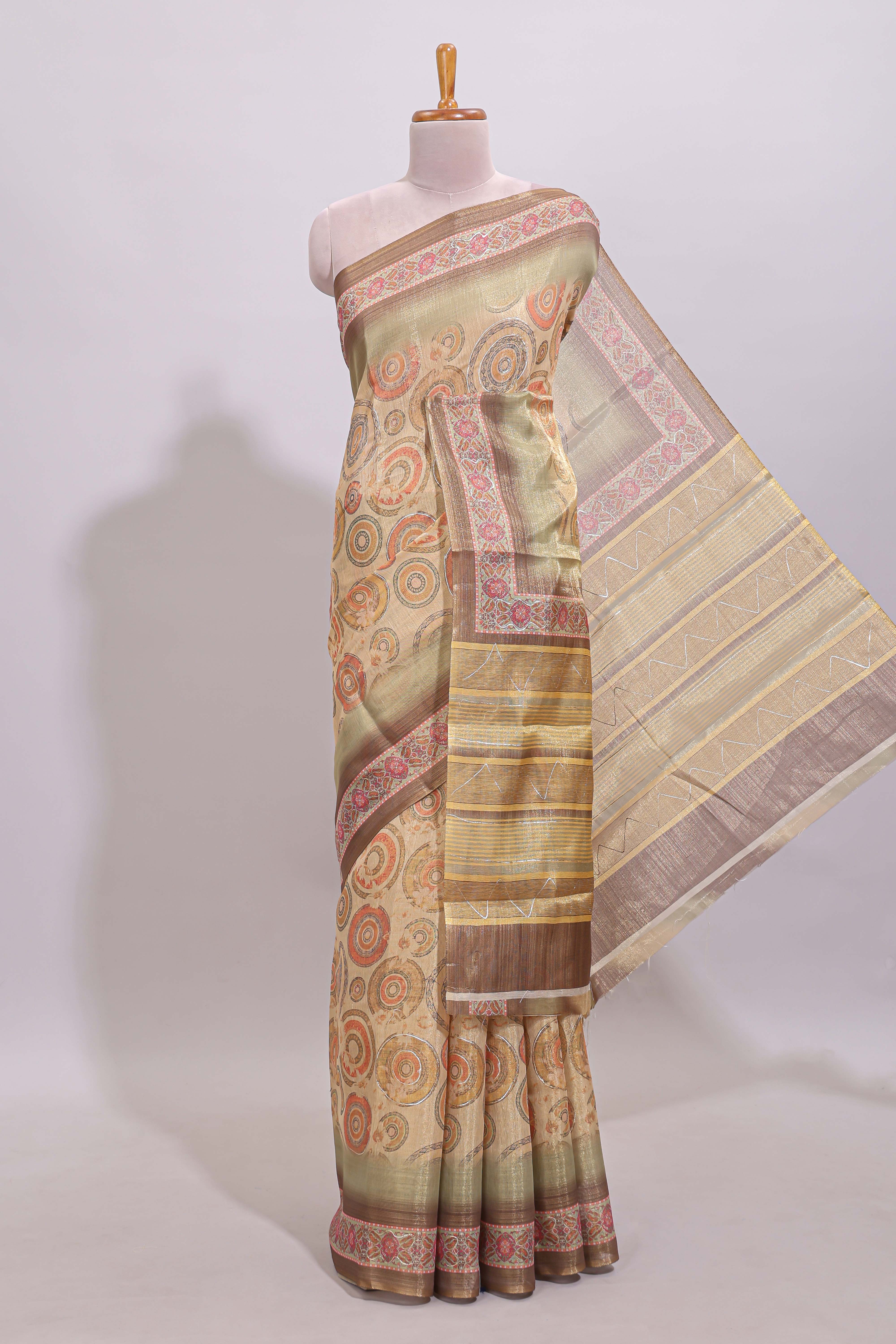 Beige geometric motifs design linen cotton saree with contrast border and matching blouse
