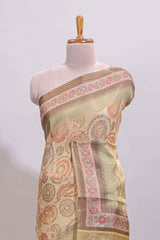 Beige geometric motifs design linen cotton saree with contrast border and matching blouse