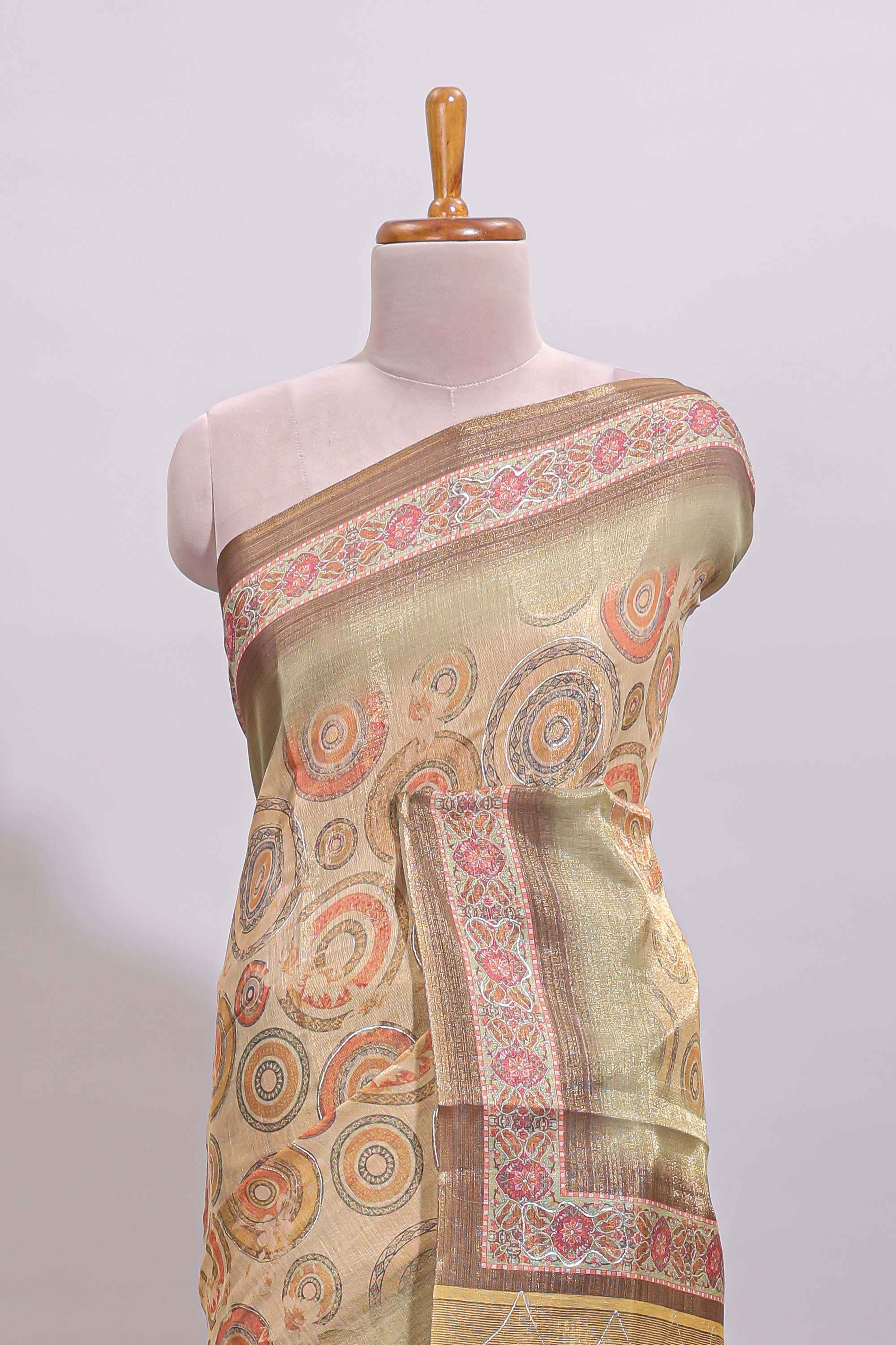 Beige geometric motifs design linen cotton saree with contrast border and matching blouse
