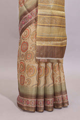 Beige geometric motifs design linen cotton saree with contrast border and matching blouse