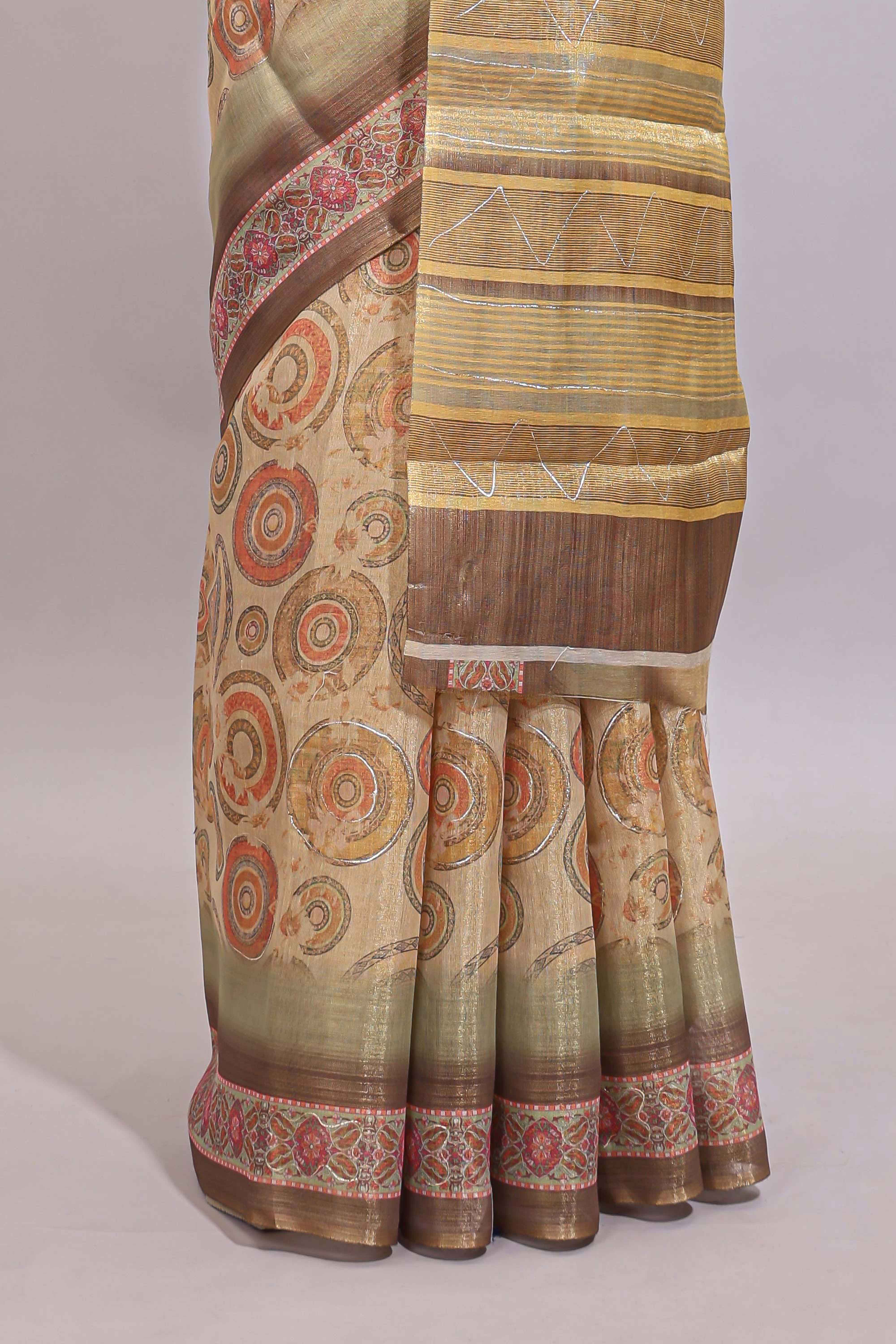 Beige geometric motifs design linen cotton saree with contrast border and matching blouse