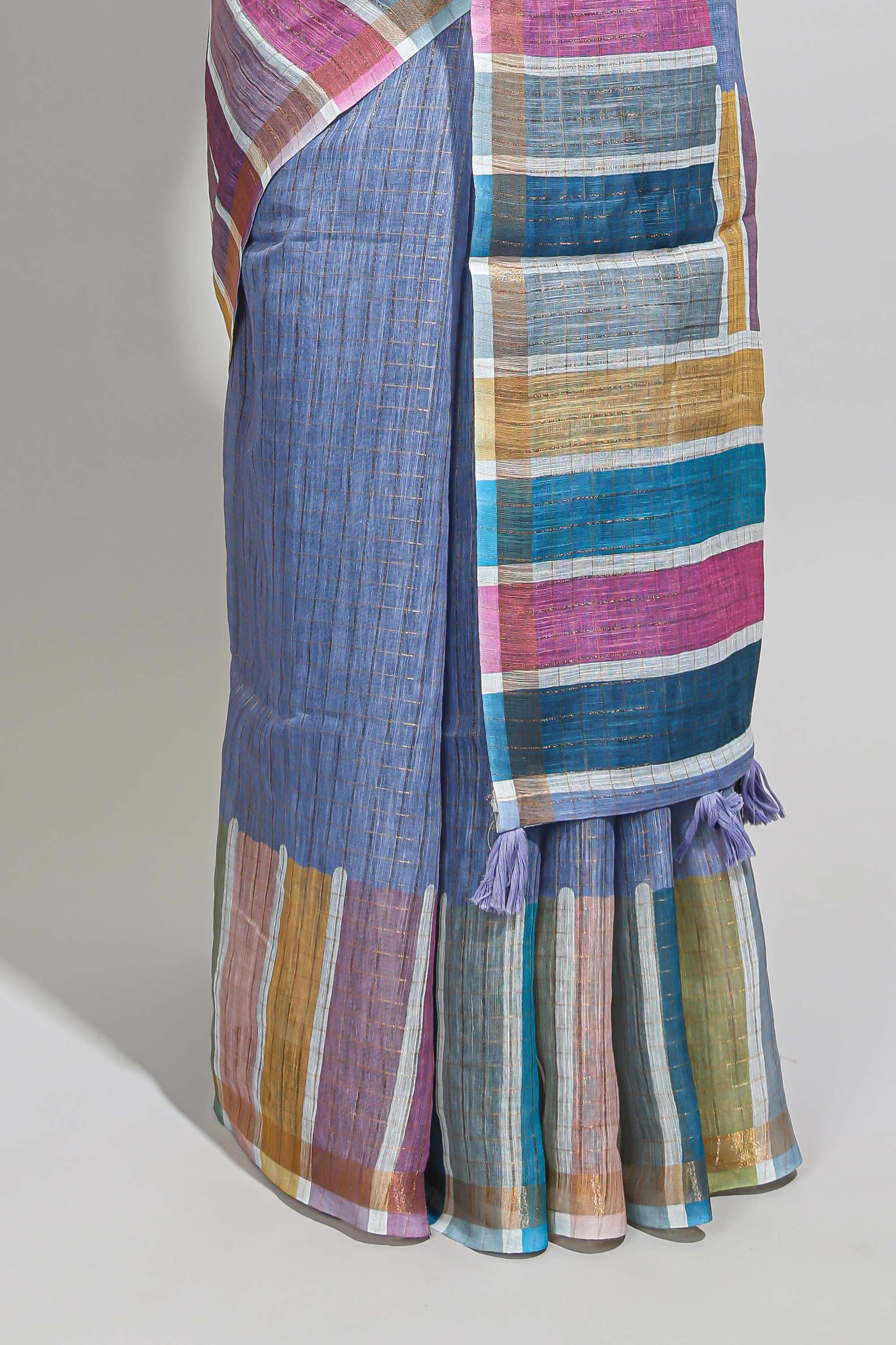 Blue zari checked design linen cotton saree with contrast multi color border and blouse
