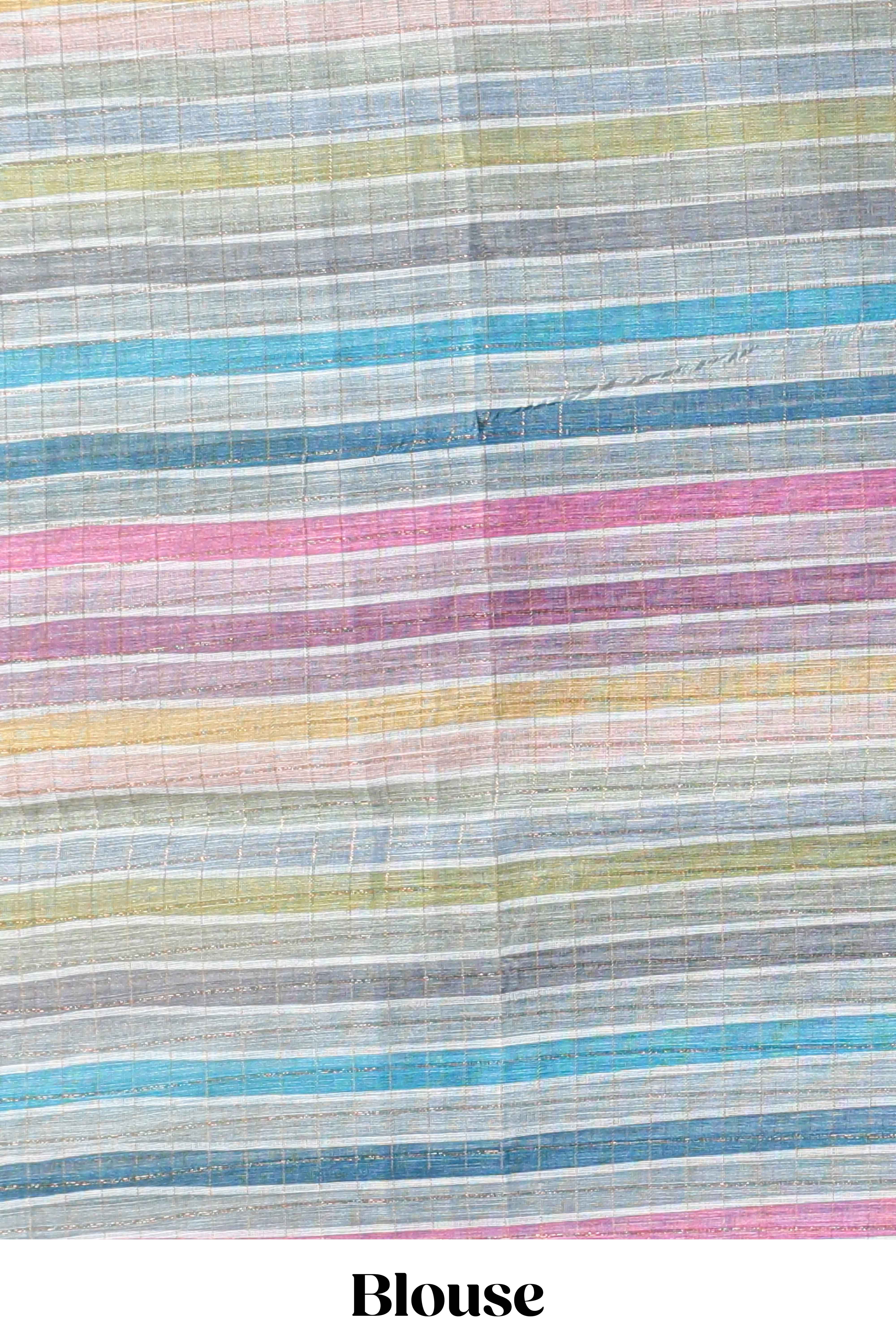 Blue zari checked design linen cotton saree with contrast multi color border and blouse