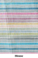 Green zari checked design linen cotton saree with contrast multi color border and blouse