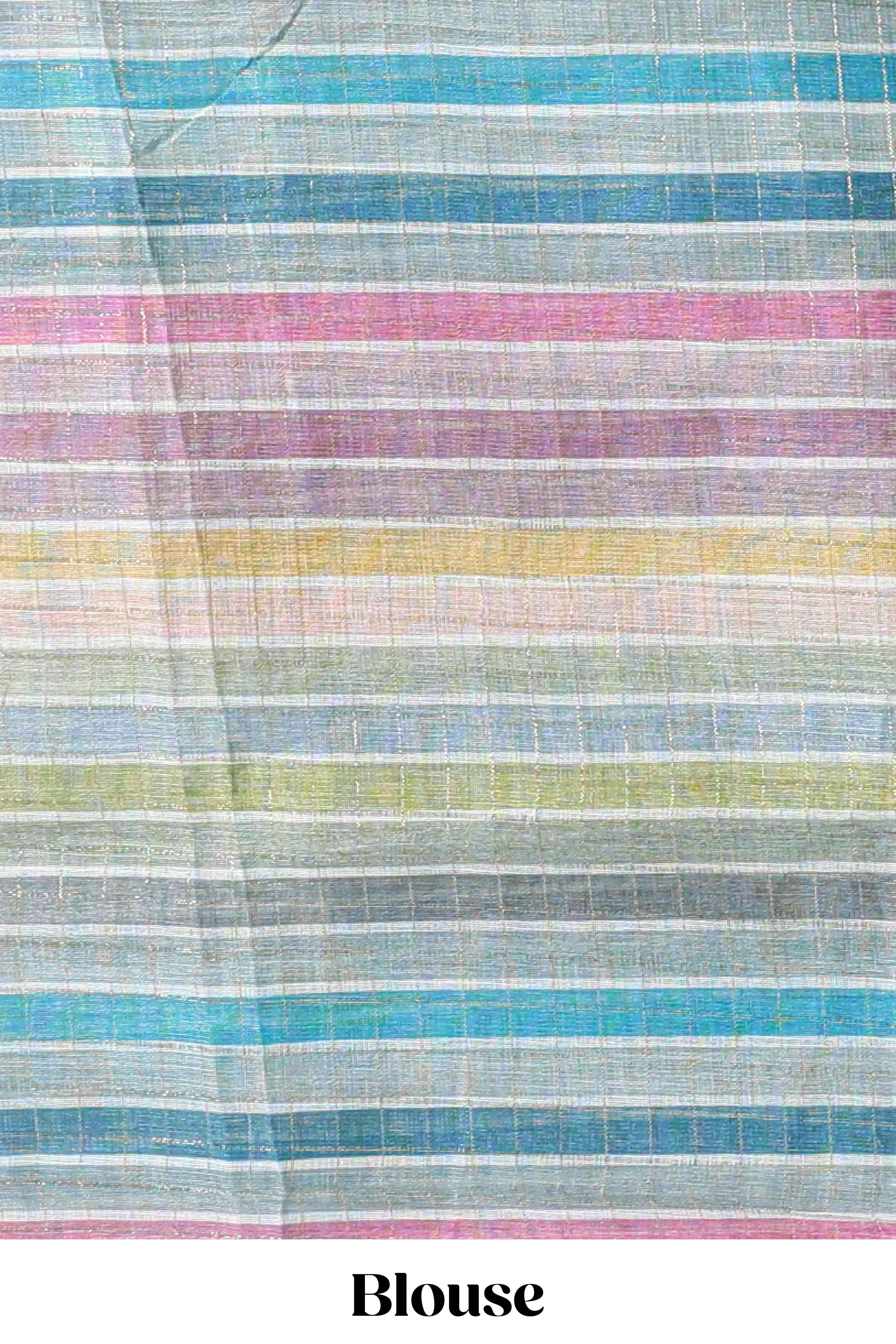 Green zari checked design linen cotton saree with contrast multi color border and blouse