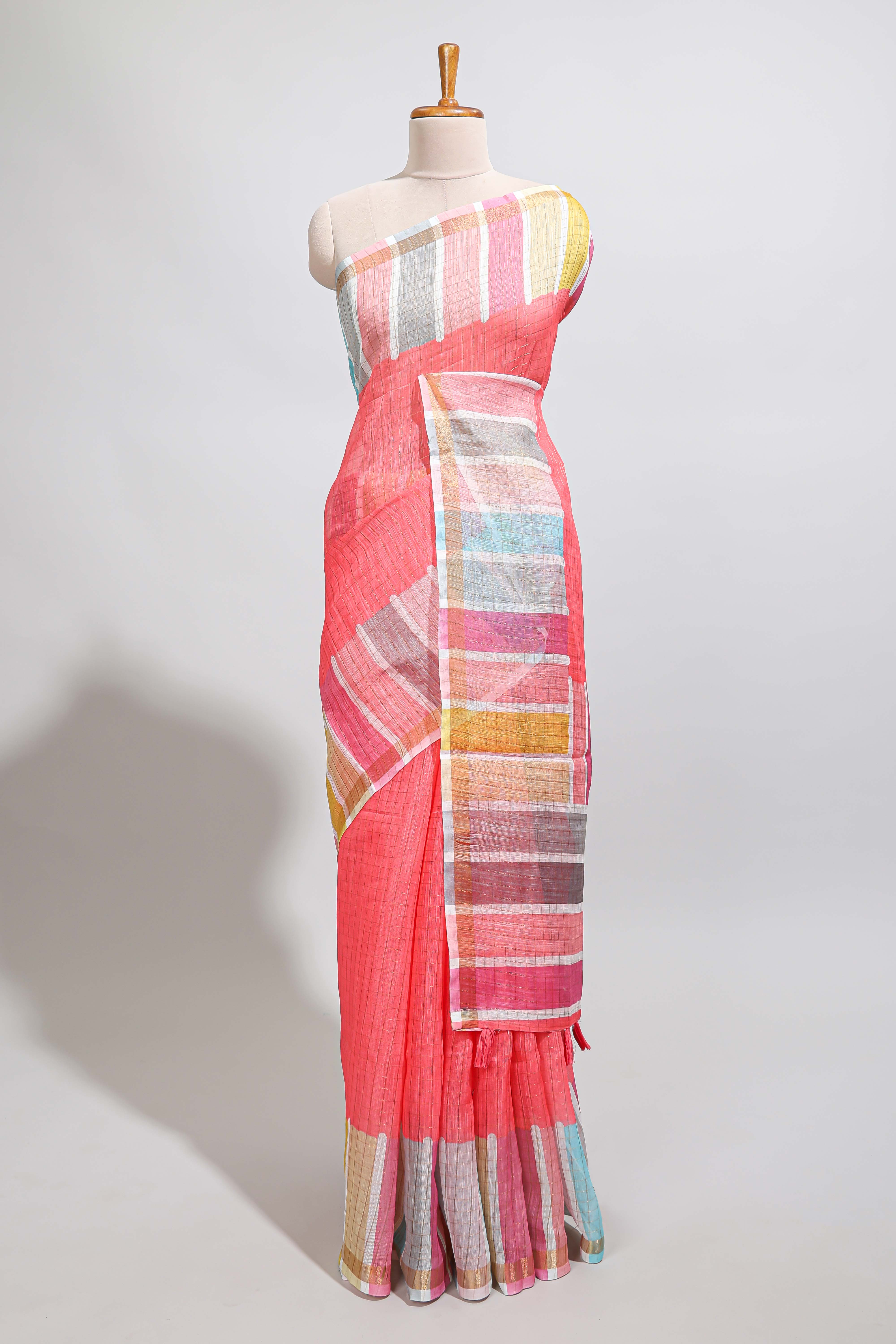 Pink zari checked design linen cotton saree with contrast multi color border and blouse