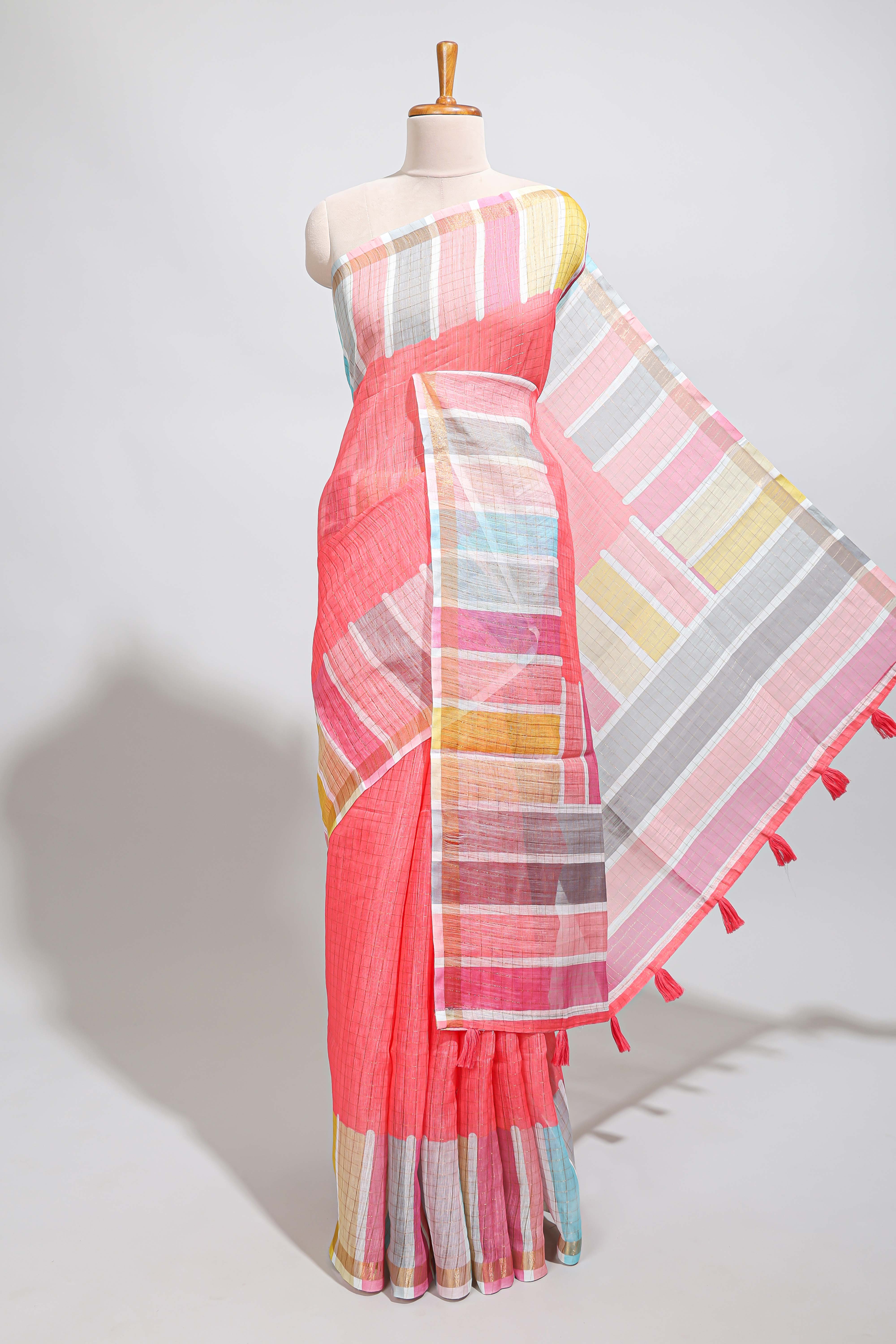 Pink zari checked design linen cotton saree with contrast multi color border and blouse