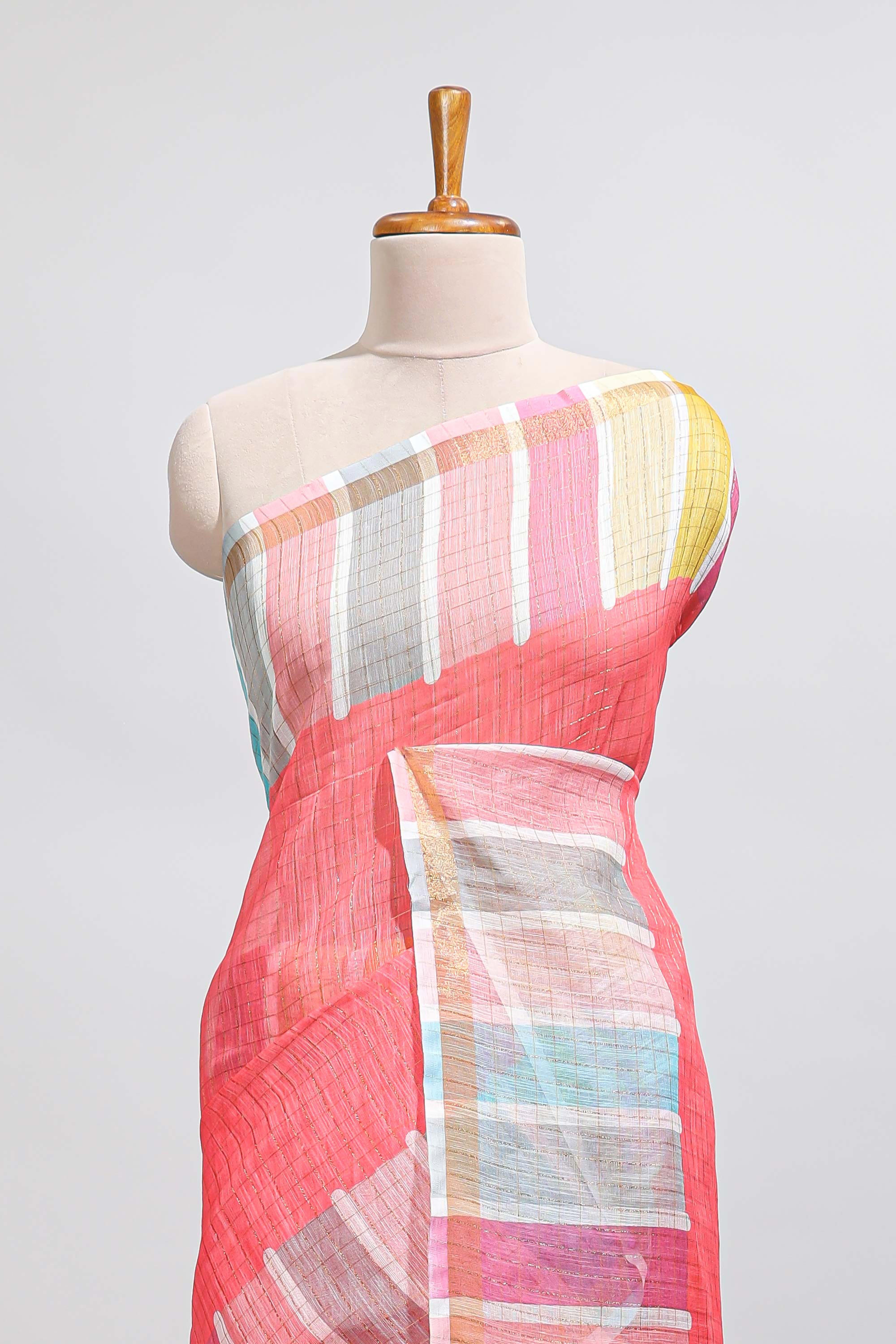 Pink zari checked design linen cotton saree with contrast multi color border and blouse