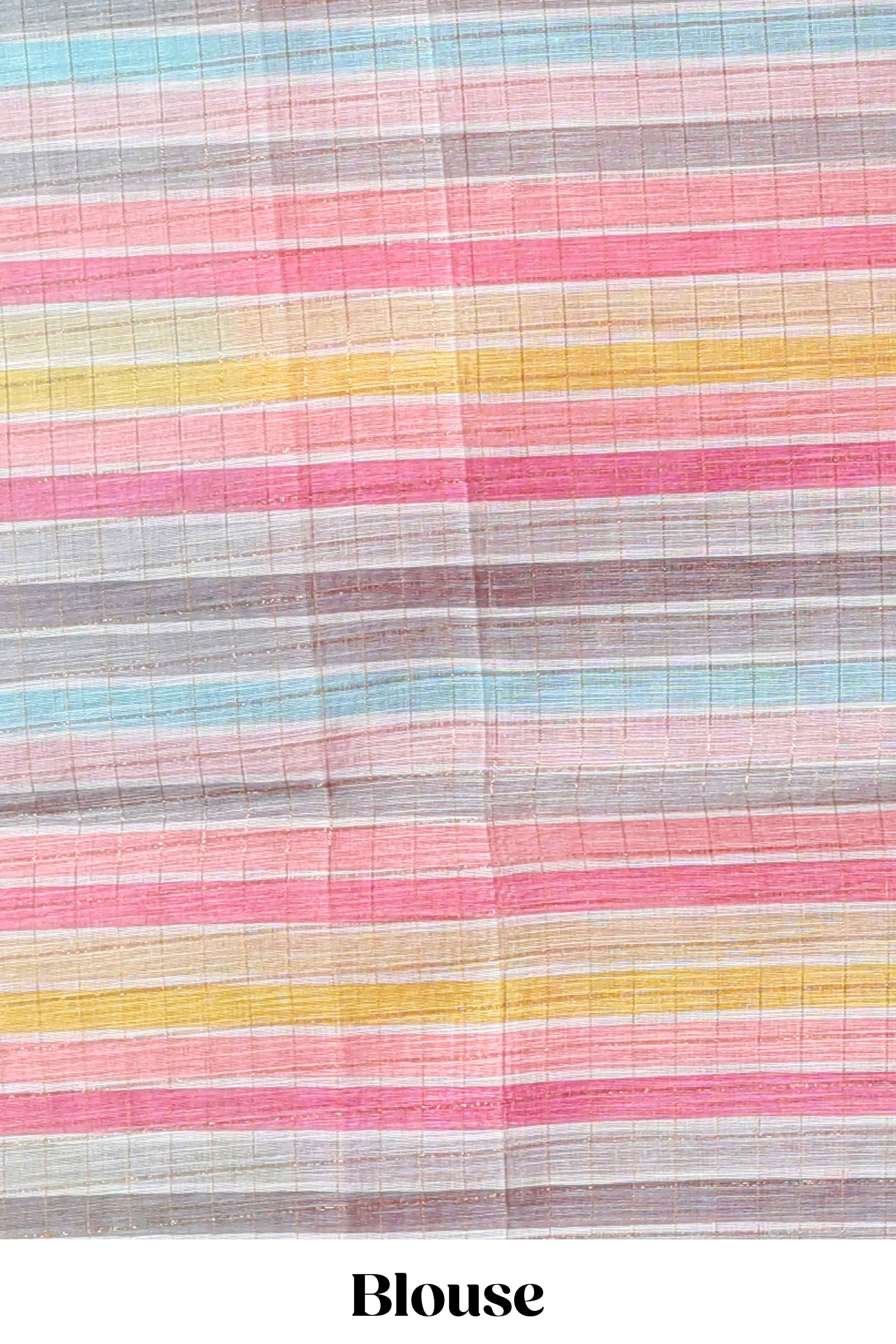 Pink zari checked design linen cotton saree with contrast multi color border and blouse