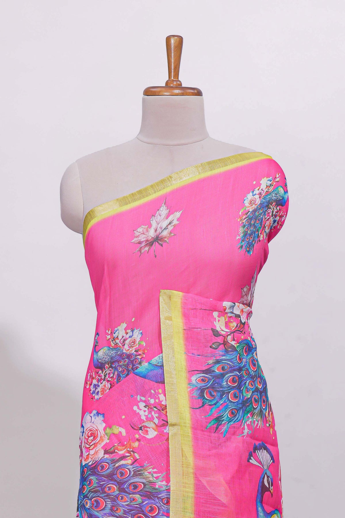 Pink peacock motifs linen cotton saree with contrast border and blouse