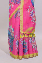 Pink peacock motifs linen cotton saree with contrast border and blouse