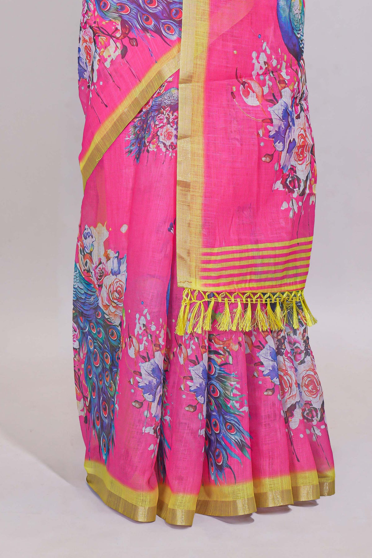Pink peacock motifs linen cotton saree with contrast border and blouse