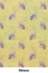 Pink peacock motifs linen cotton saree with contrast border and blouse