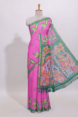Pink stylized bird motifs linen cotton saree with contrast border and blouse