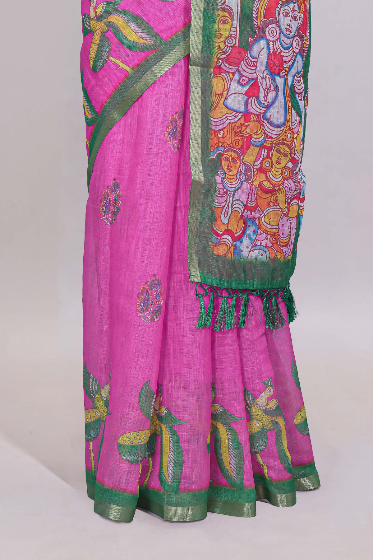 Pink stylized bird motifs linen cotton saree with contrast border and blouse