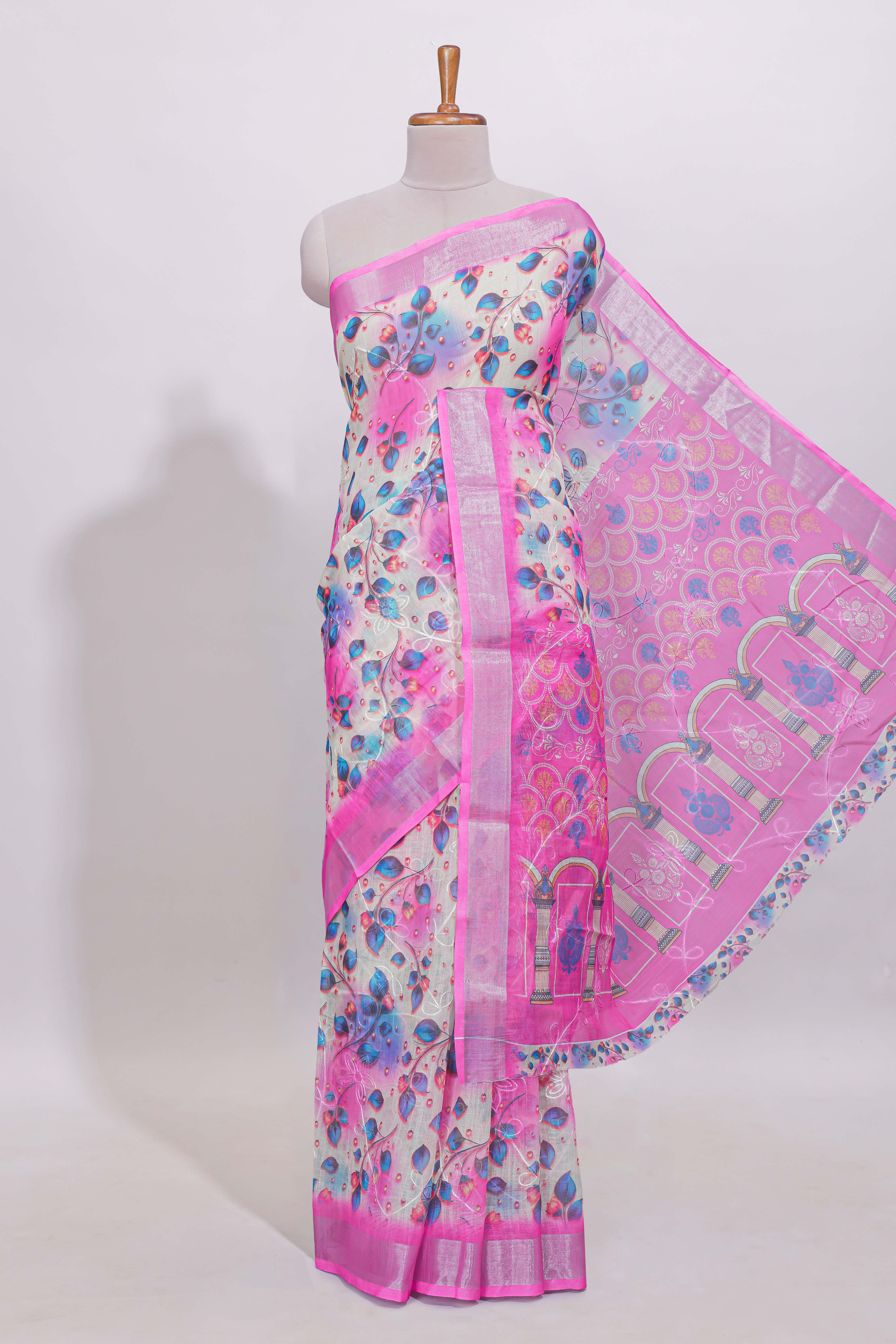 White shade leaf motifs linen cotton saree with contrast border and mathing blouse
