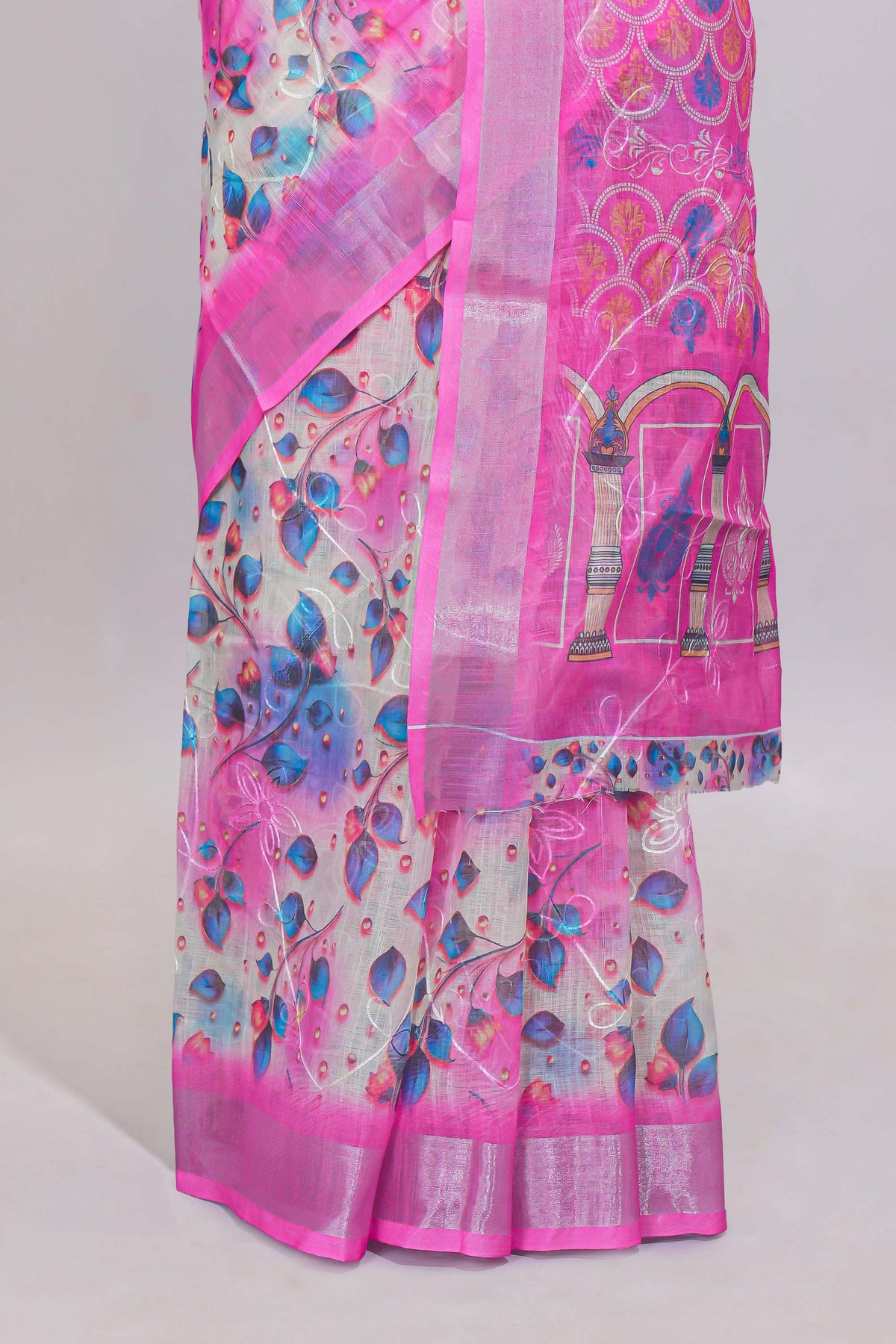 White shade leaf motifs linen cotton saree with contrast border and mathing blouse