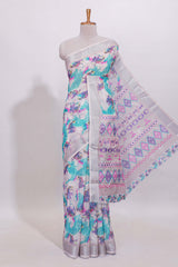 White unique designed linen cotton saree with self zari border and mathing blouse