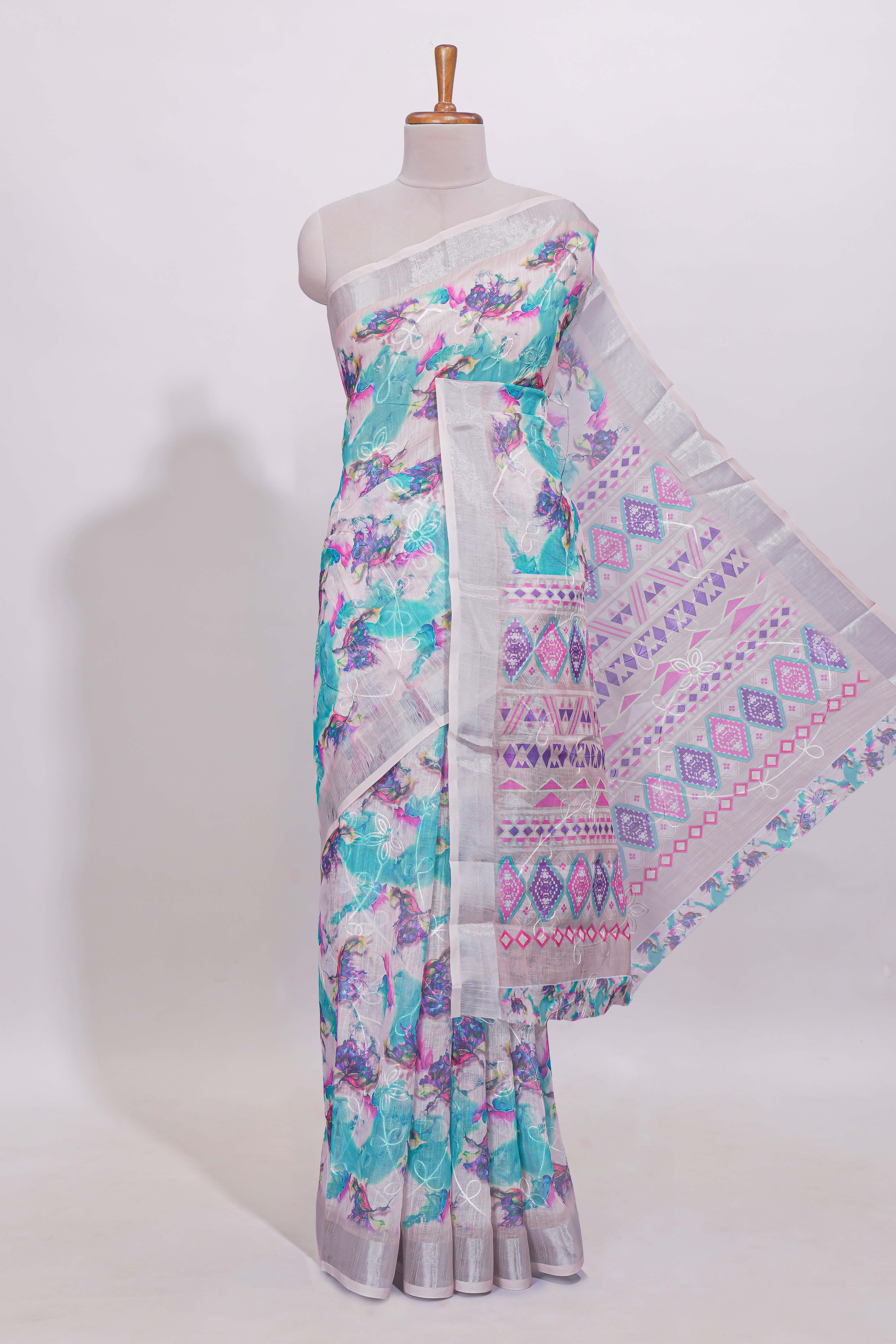 White unique designed linen cotton saree with self zari border and mathing blouse