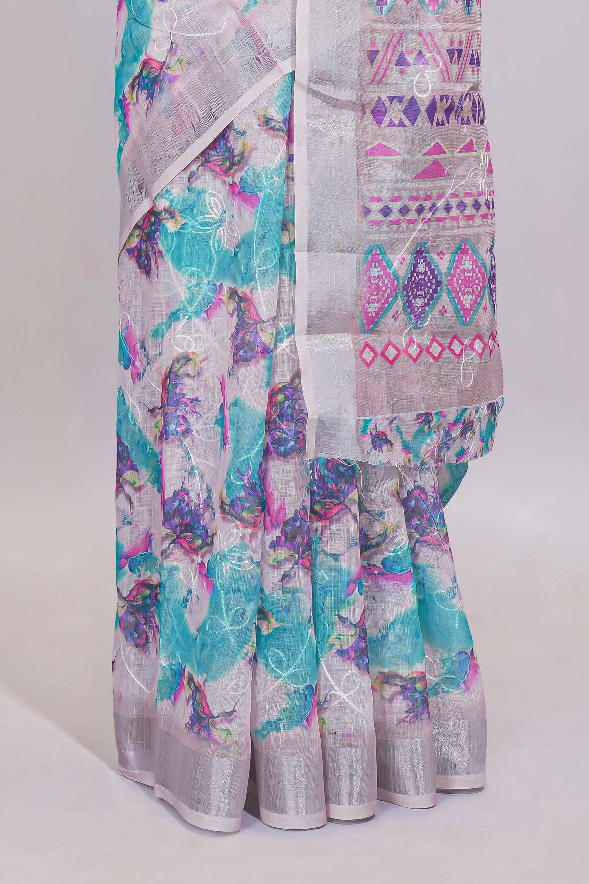 White unique designed linen cotton saree with self zari border and mathing blouse