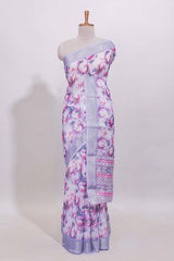 White floral designed linen cotton saree with self zari border and mathing blouse