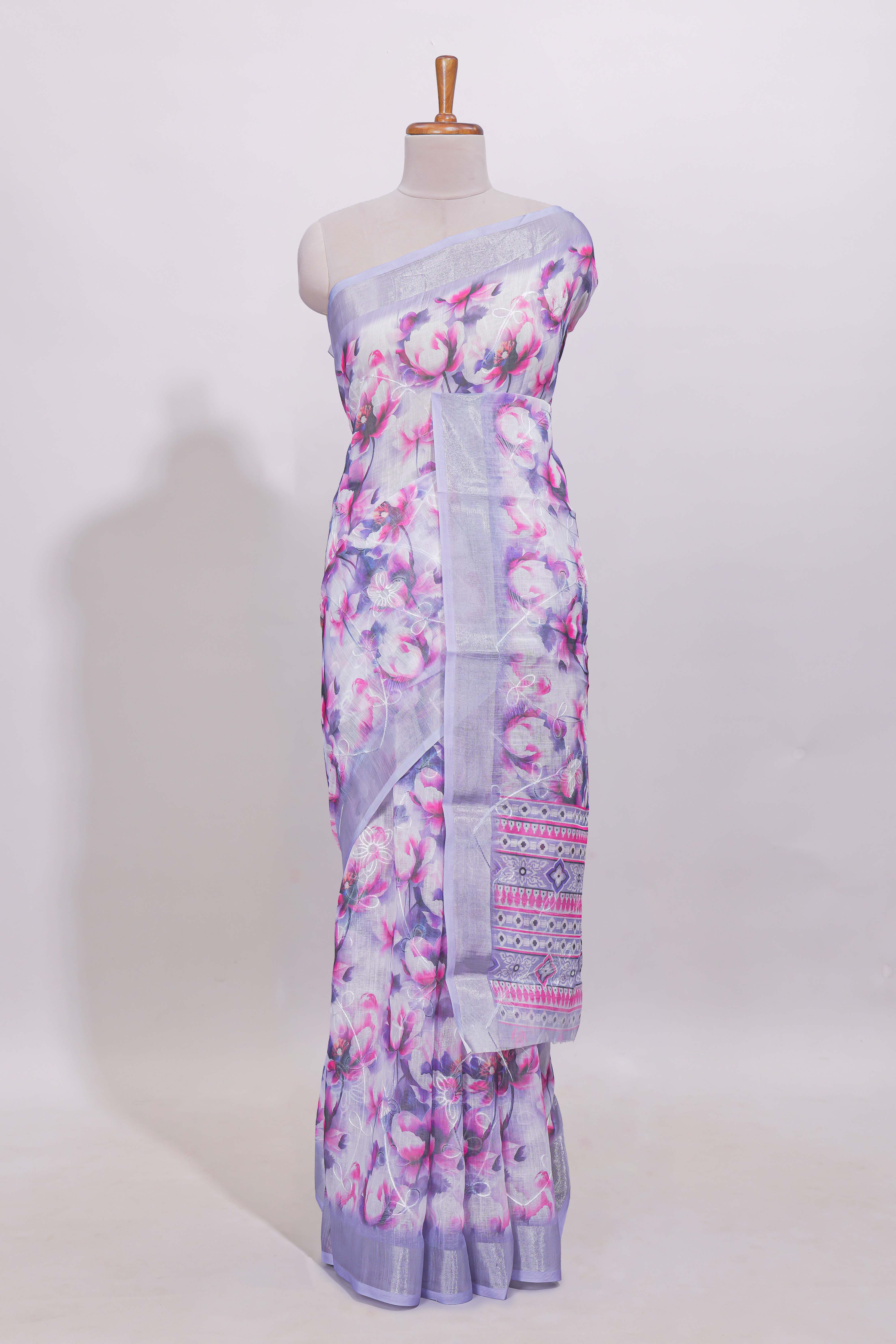 White floral designed linen cotton saree with self zari border and mathing blouse