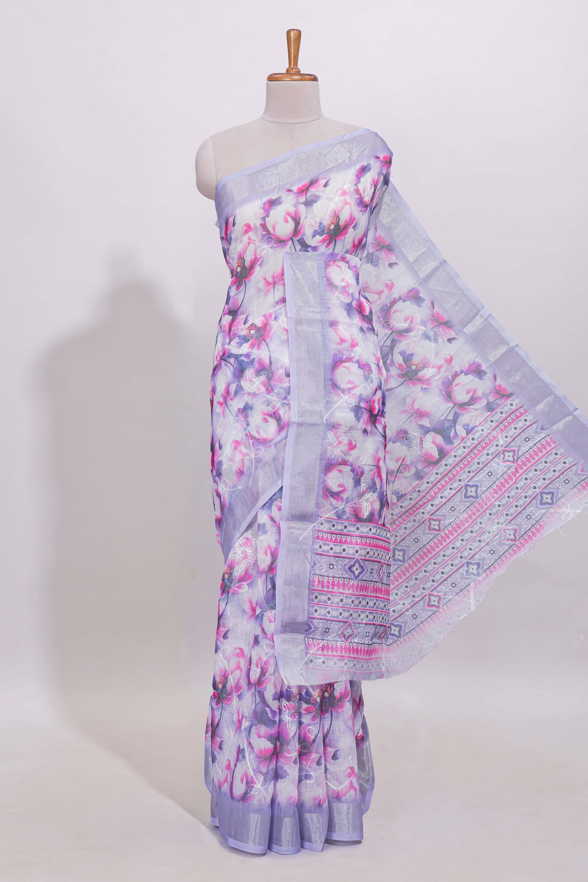 White floral designed linen cotton saree with self zari border and mathing blouse