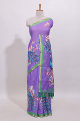 Purple peacock motifs linen cotton saree with contrast border and blouse
