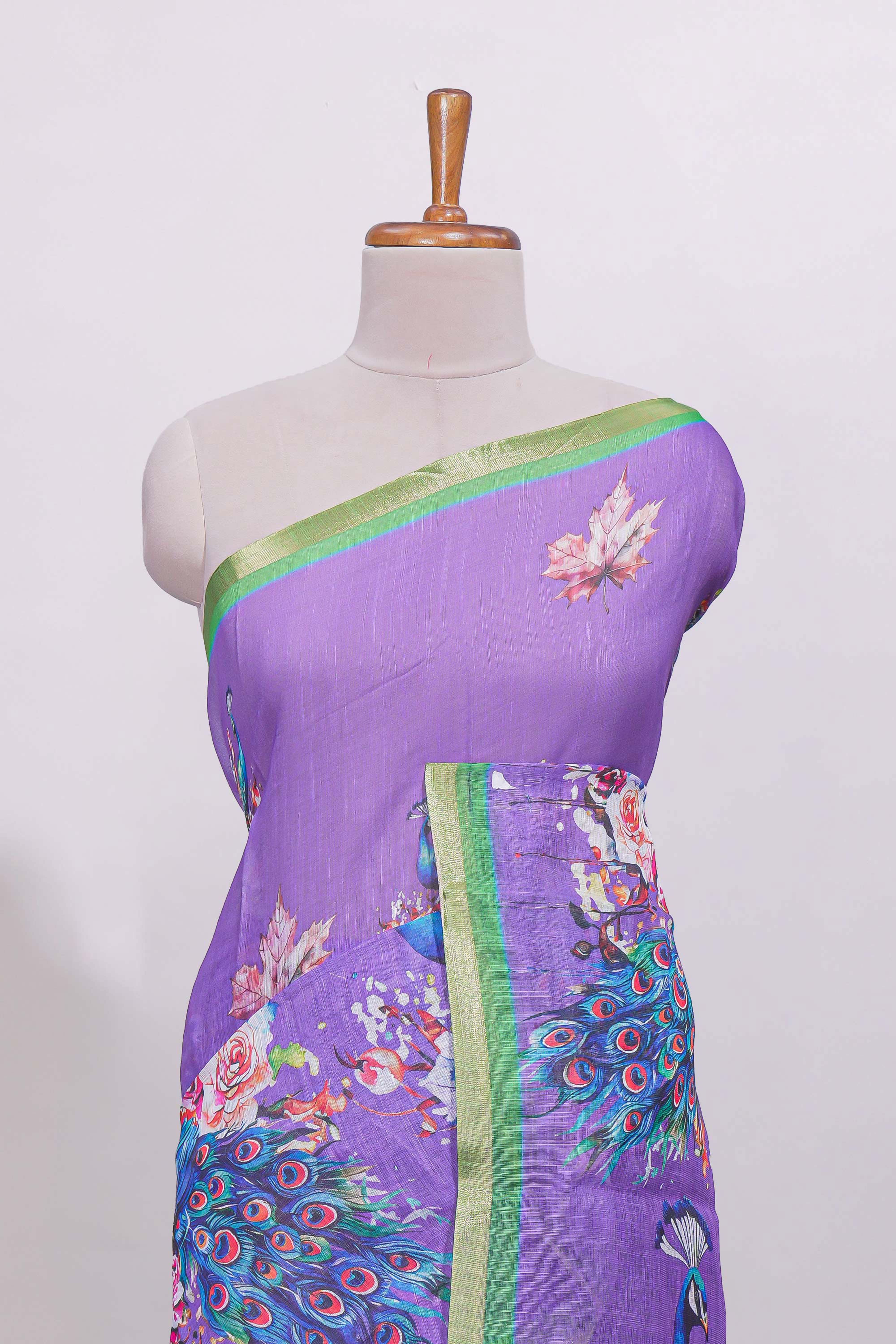 Purple peacock motifs linen cotton saree with contrast border and blouse